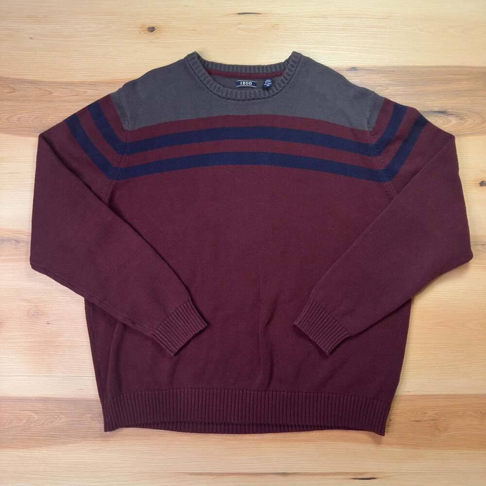 IZOD Mens Port Royale Stripe Long Sleeve Knit Crewneck Sweater Maroon 2XL
